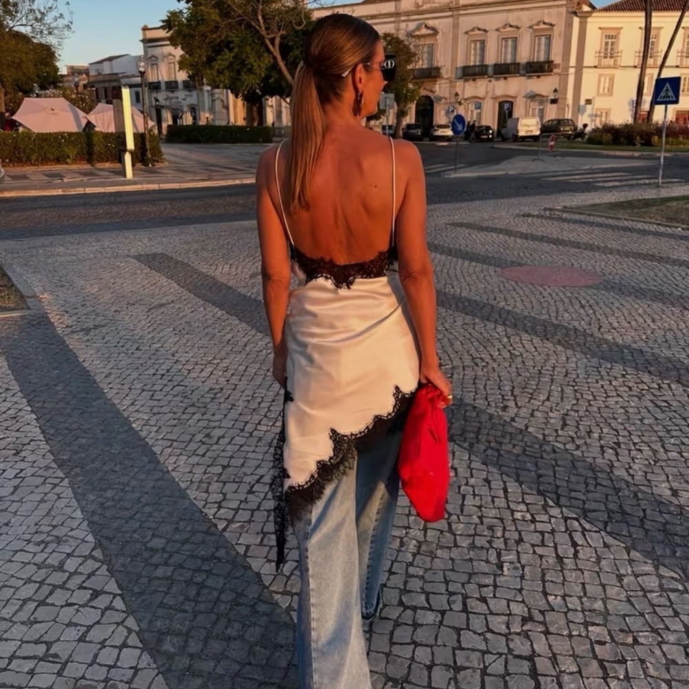 Cami NYC Silk Camisole Sleeveless Dress Top Ivory Asymmetrical Hem Black Lace - Picture 8 of 11